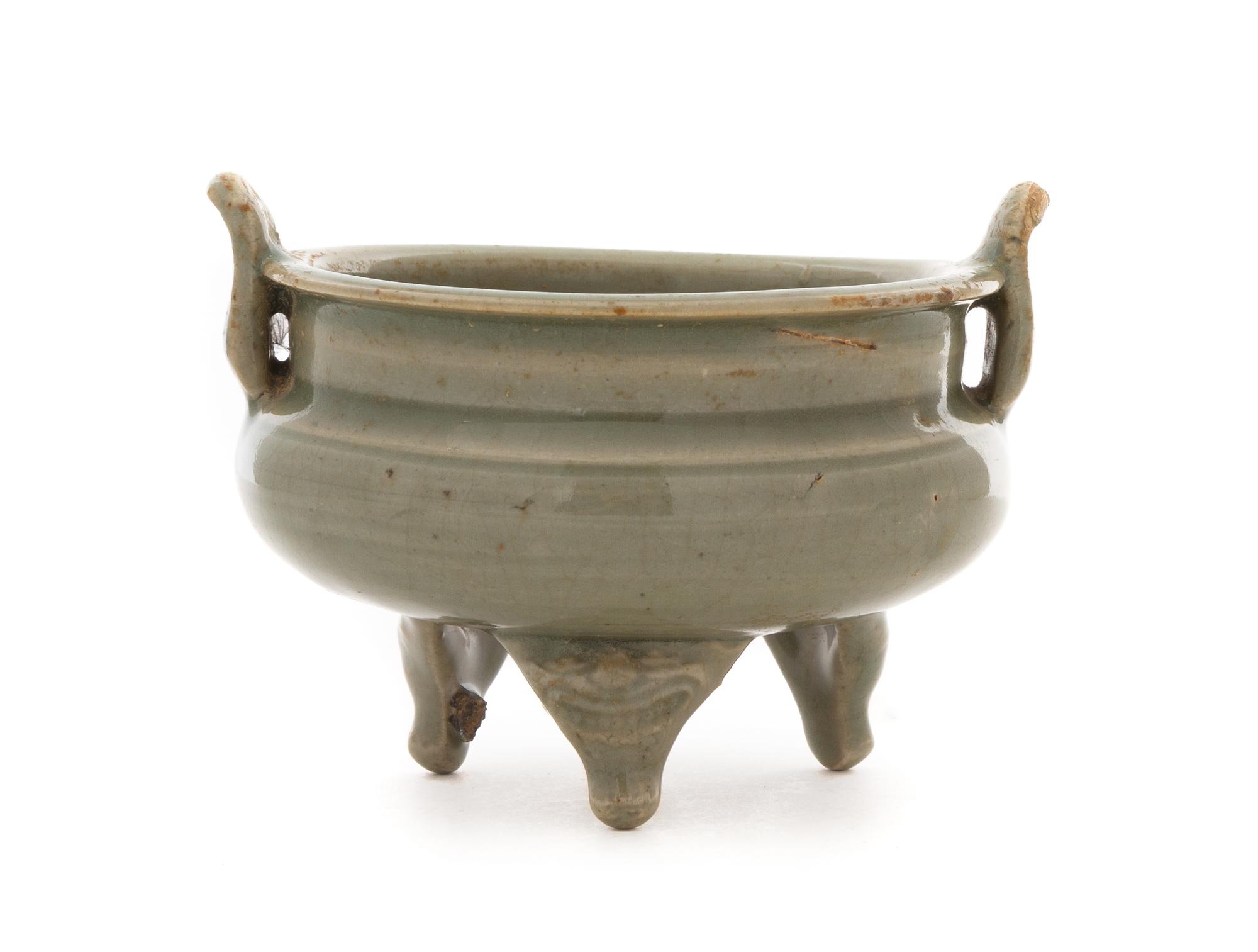 A Small Longquan Celadon Glazed Porcelain Tripod Censer Width 5 inches.
