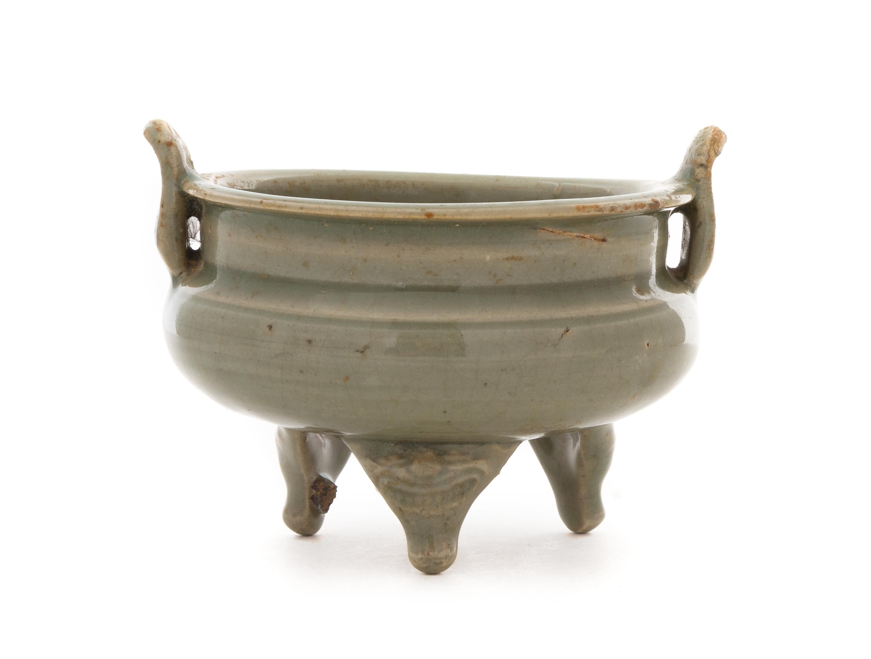 A Small Longquan Celadon Glazed Porcelain Tripod Censer Width 5 inches.
