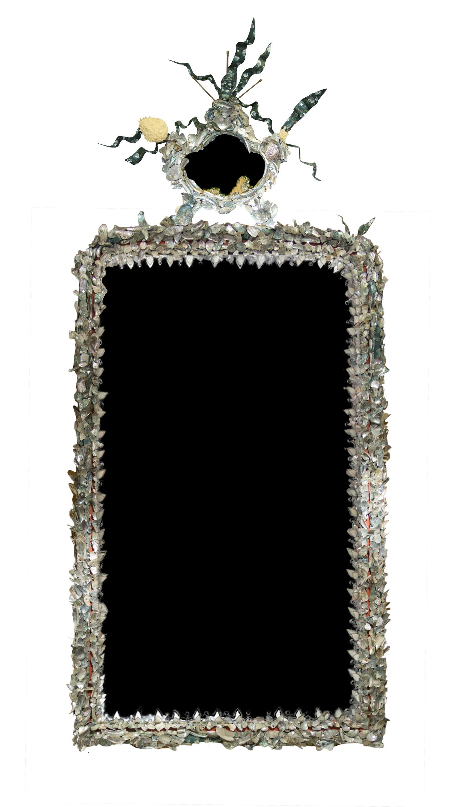 An Antler, Crab Shell and Abalone Mounted Mirror Height 131 x width 86 inches. — TONY DUQUETTE, MID-20TH CENTURY