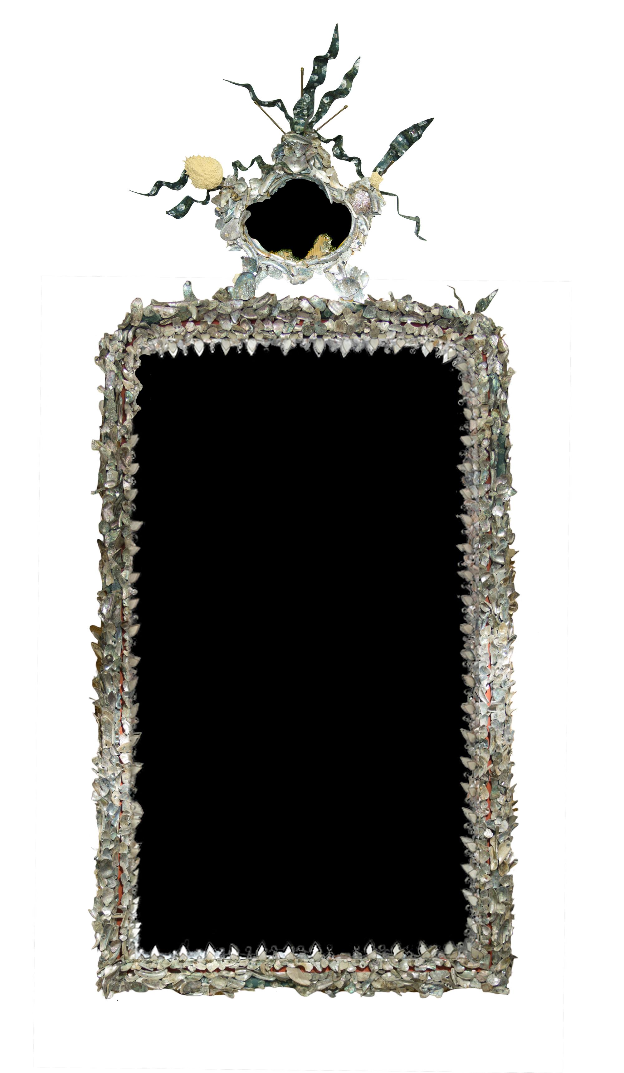 An Antler, Crab Shell and Abalone Mounted Mirror Height 131 x width 86 inches. — TONY DUQUETTE, MID-20TH CENTURY