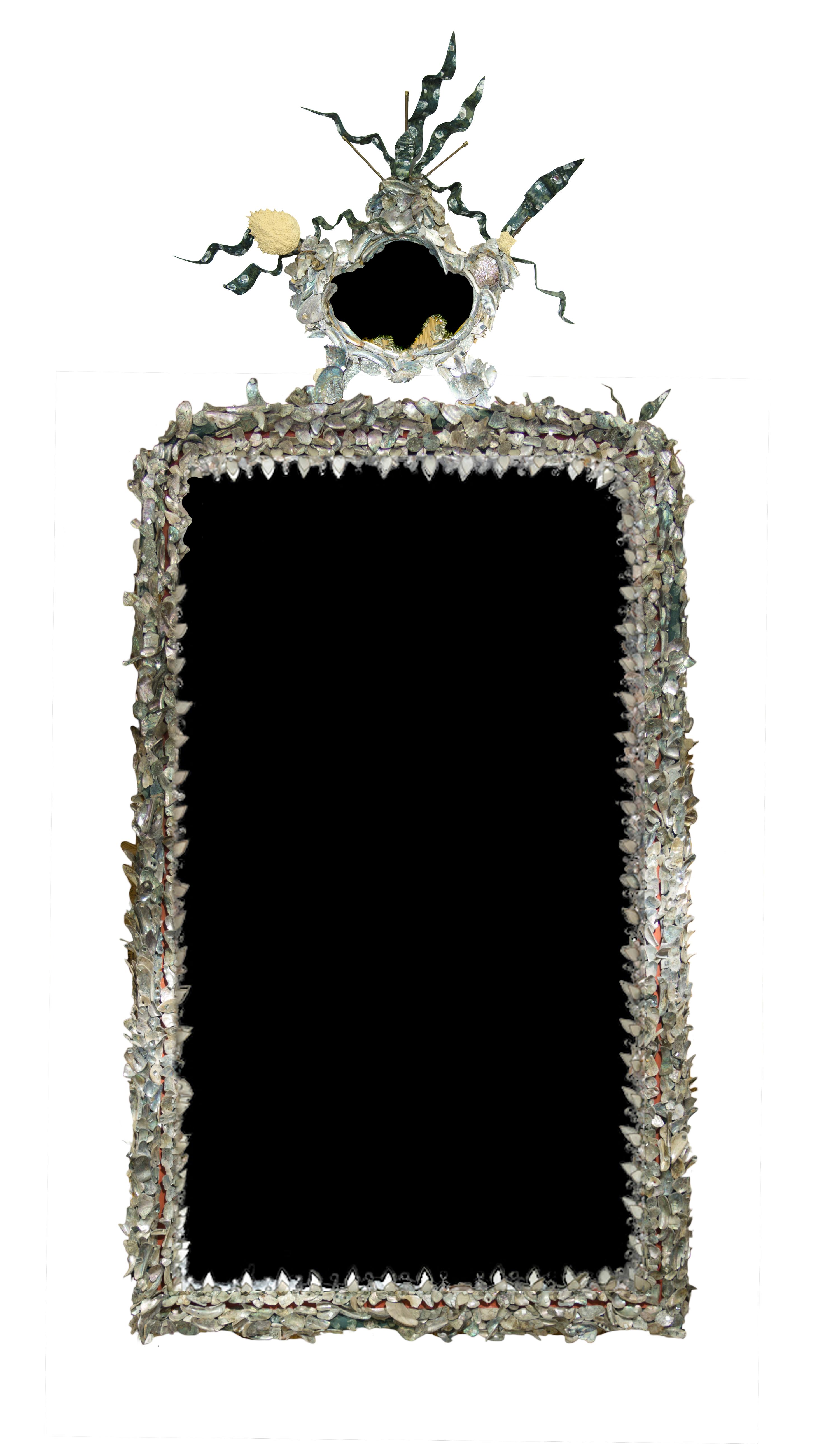An Antler, Crab Shell and Abalone Mounted Mirror Height 131 x width 86 inches. — TONY DUQUETTE, MID-20TH CENTURY