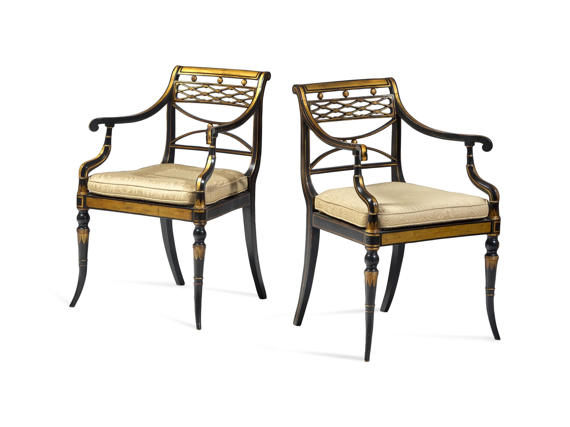 A Pair of Regency Ebonized and Parcel-Gilt Armchairs