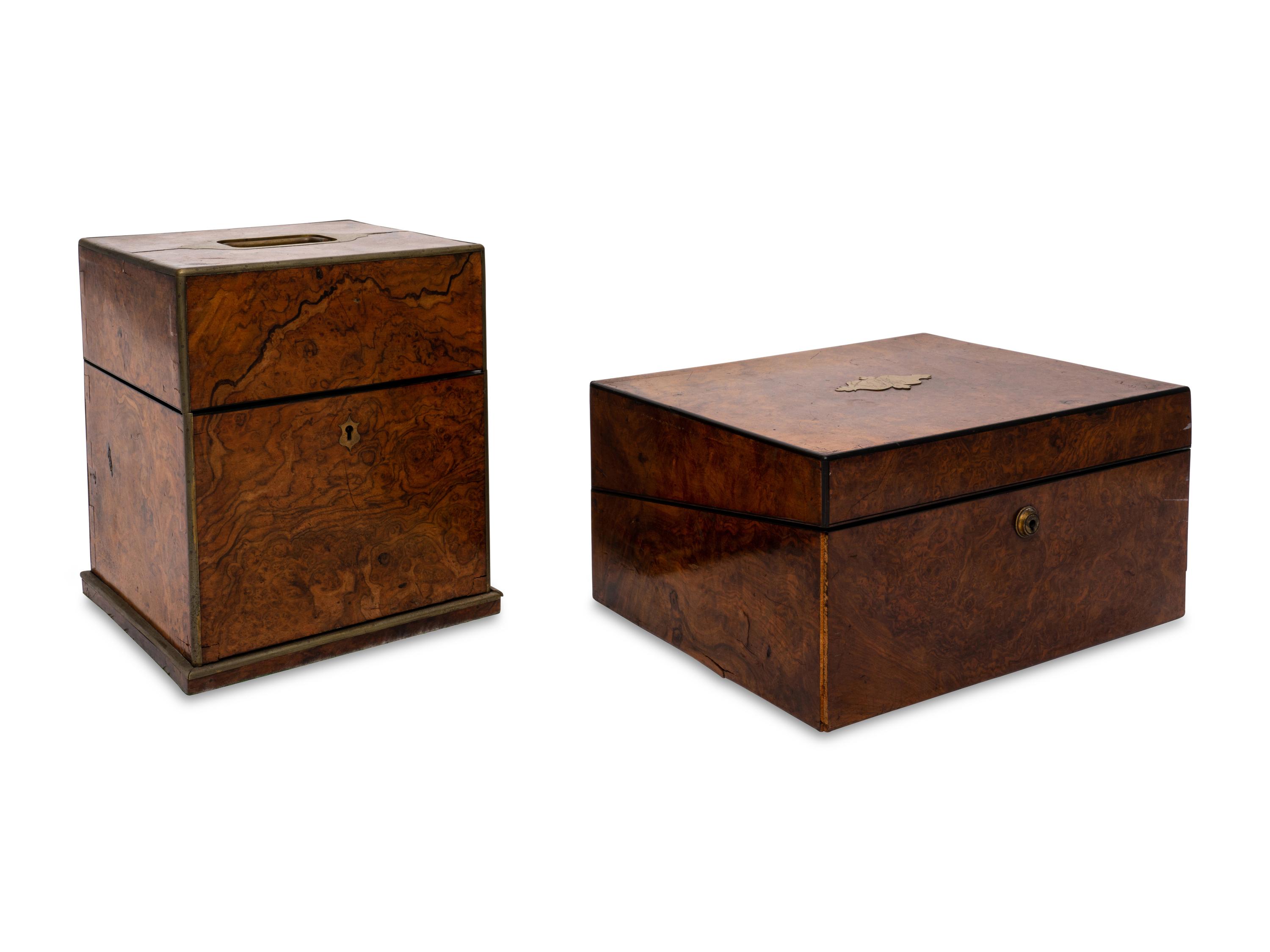An English Burlwood Writing Slope and an English Burlwood Decanter Caddy