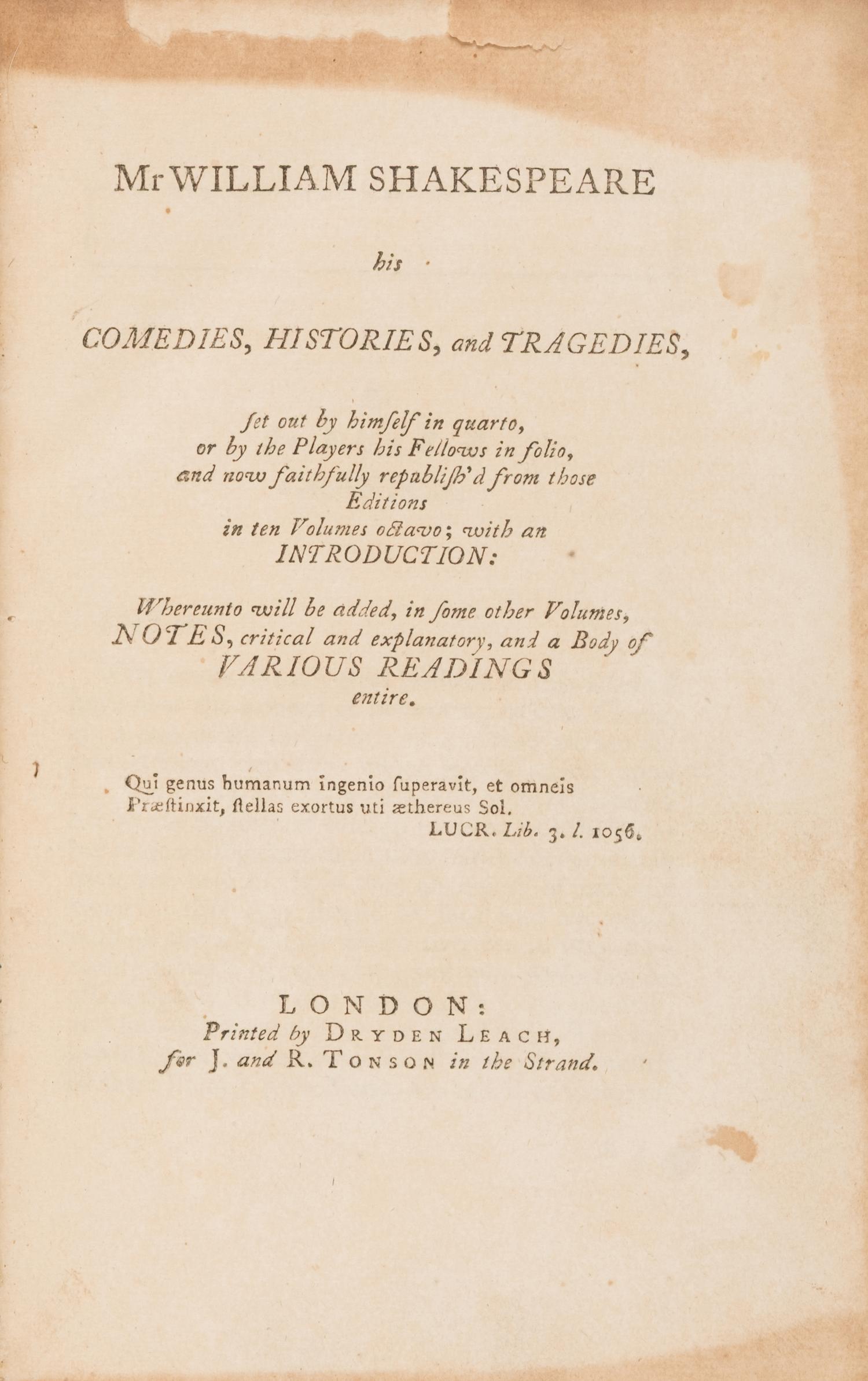 [Literature] Shakespeare, William. Mr William Shakespeare: his Comedies, Histories, and Tragedies...