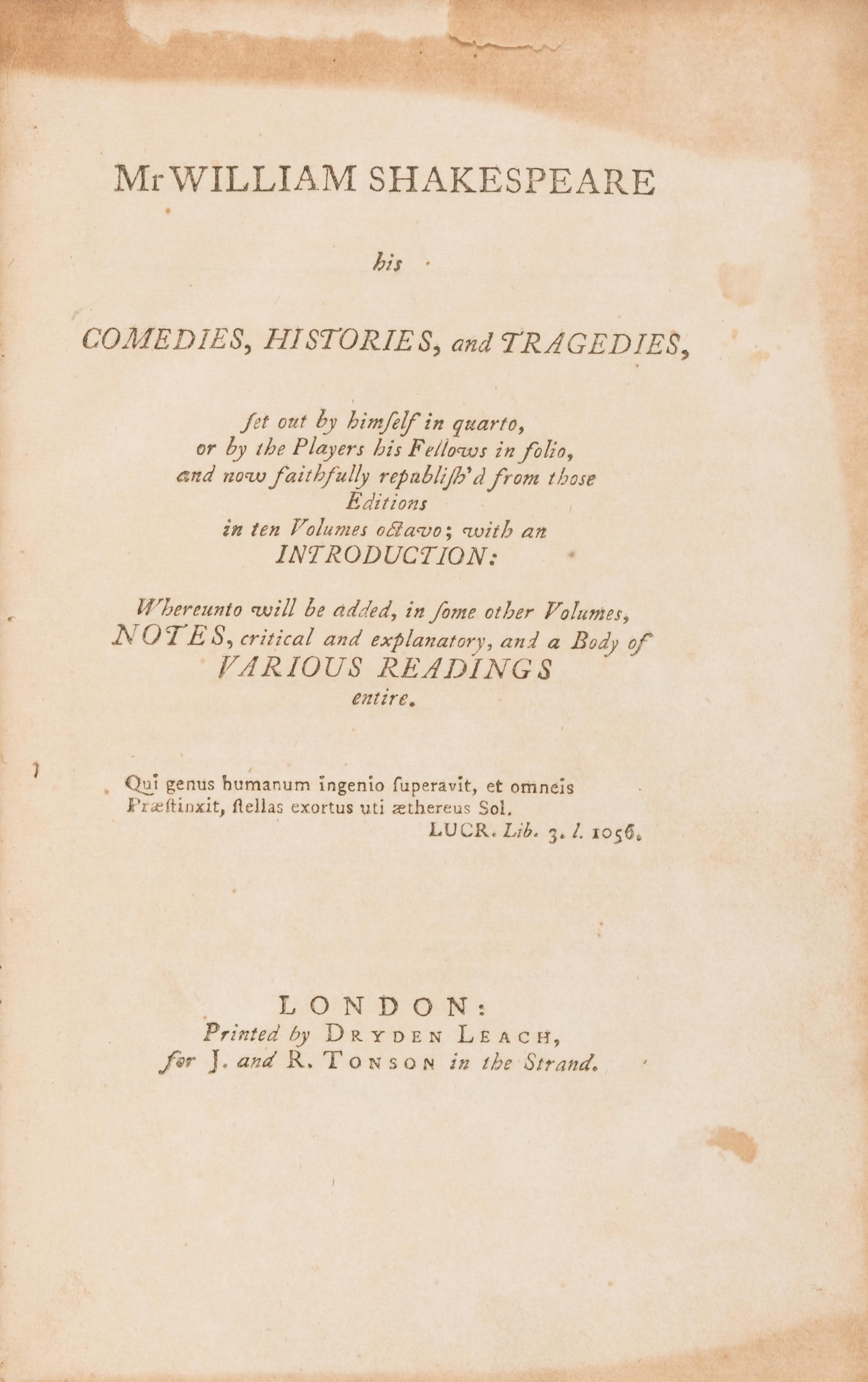 [Literature] Shakespeare, William. Mr William Shakespeare: his Comedies, Histories, and Tragedies...