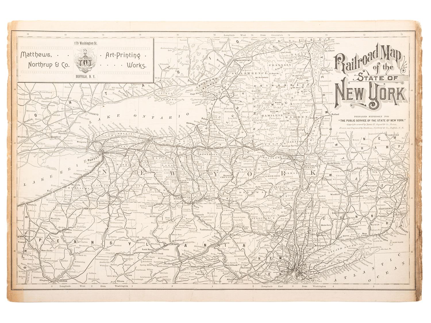 [MAPS & ATLASES]. [WELLS, Jacob]. Balloon View of Washington, May, 1861. New York: [Harper's Weekly], [1866?]. [ With :] Railroad Map of the State of New York . Buffalo, [1900].