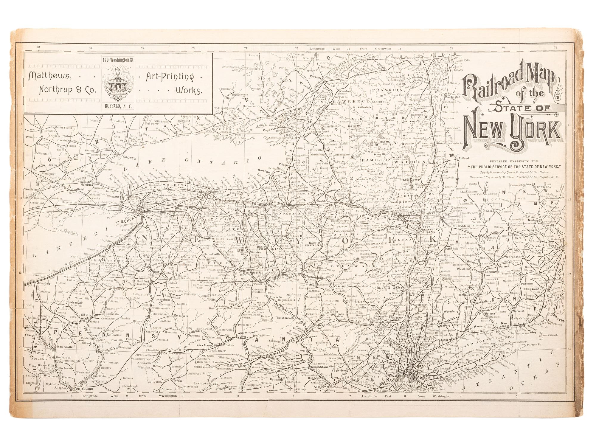 [MAPS & ATLASES]. [WELLS, Jacob]. Balloon View of Washington, May, 1861. New York: [Harper's Weekly], [1866?]. [ With :] Railroad Map of the State of New York . Buffalo, [1900].