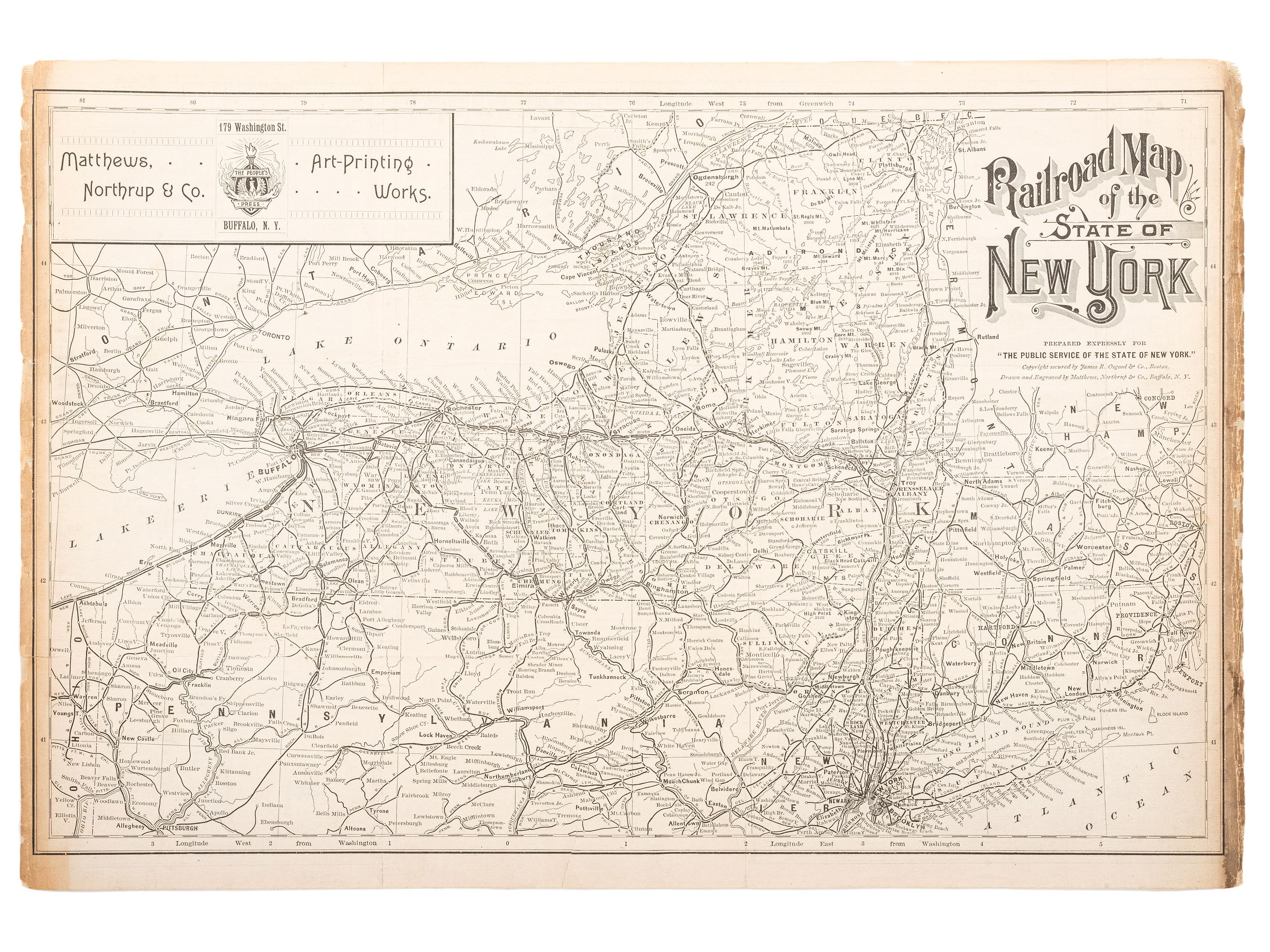 [MAPS & ATLASES]. [WELLS, Jacob]. Balloon View of Washington, May, 1861. New York: [Harper's Weekly], [1866?]. [ With :] Railroad Map of the State of New York . Buffalo, [1900].