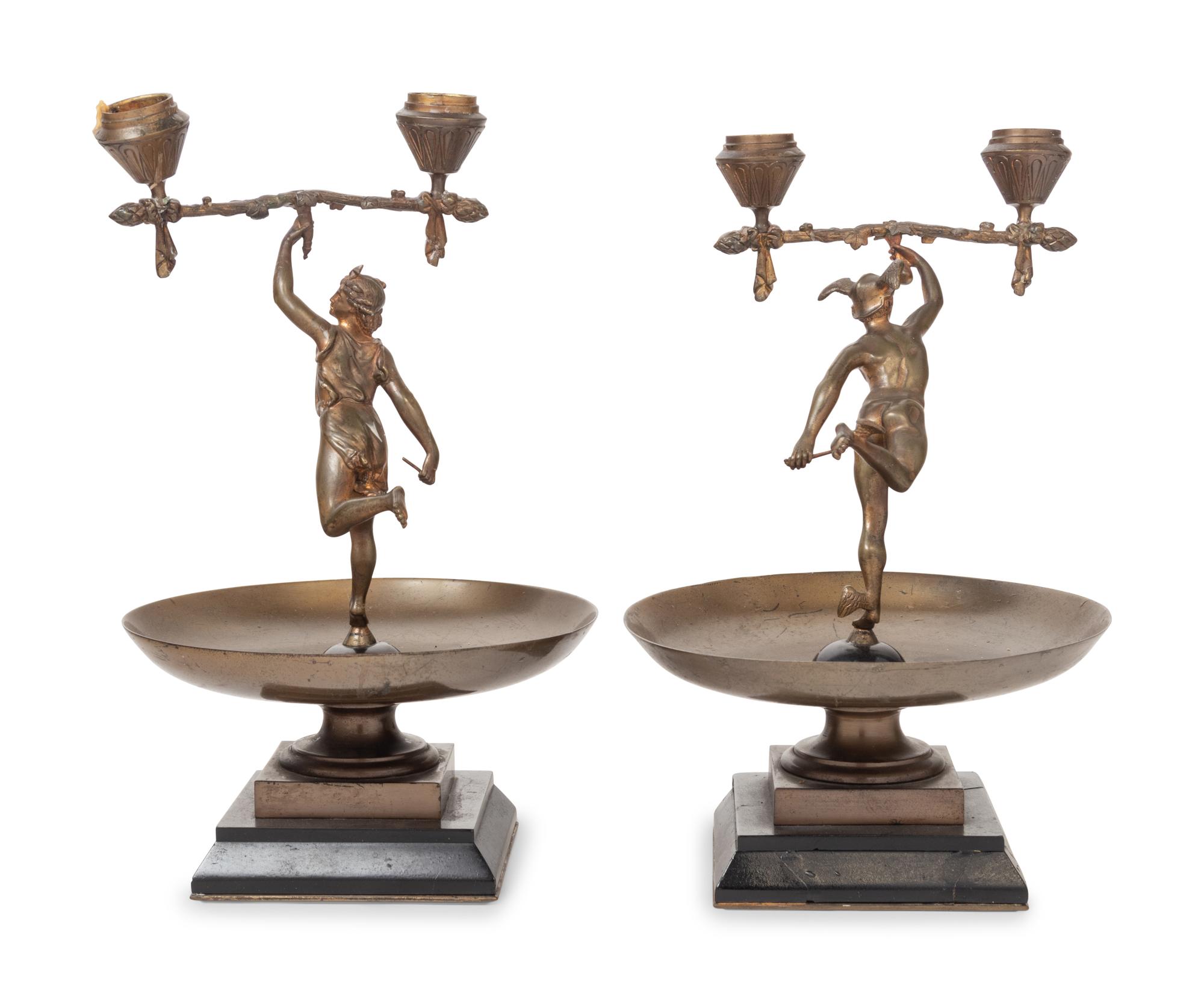 A Pair of French Cast Metal Figural Two-Light Candelabra