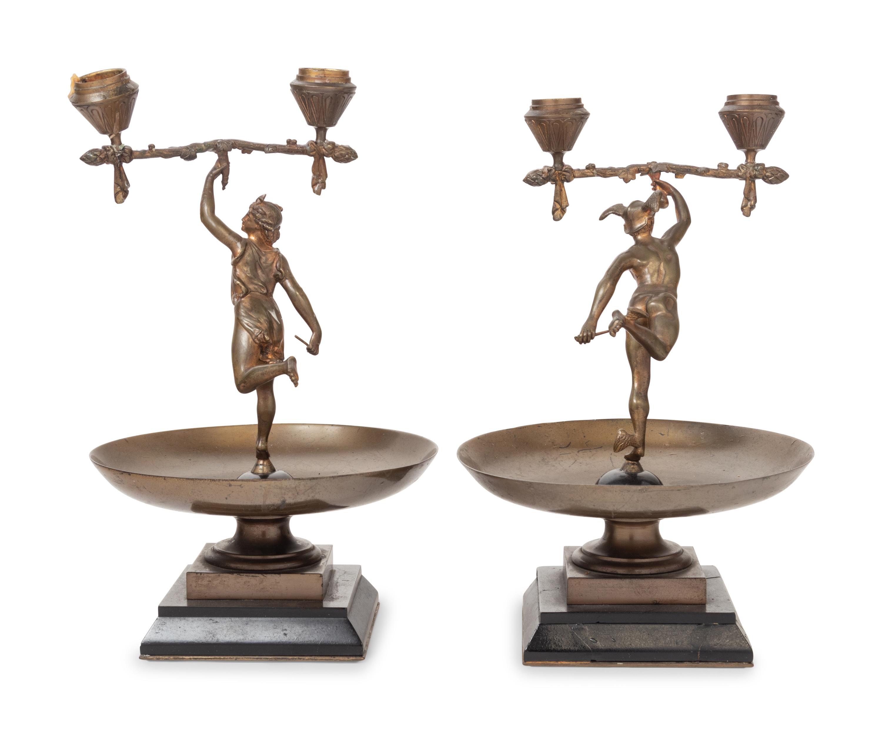 A Pair of French Cast Metal Figural Two-Light Candelabra