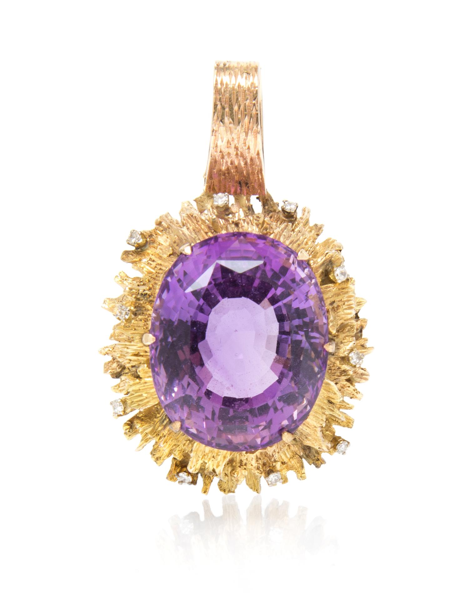 A 14 Karat Yellow Gold, Amethyst and Diamond Pendant, 19.70 dwts.