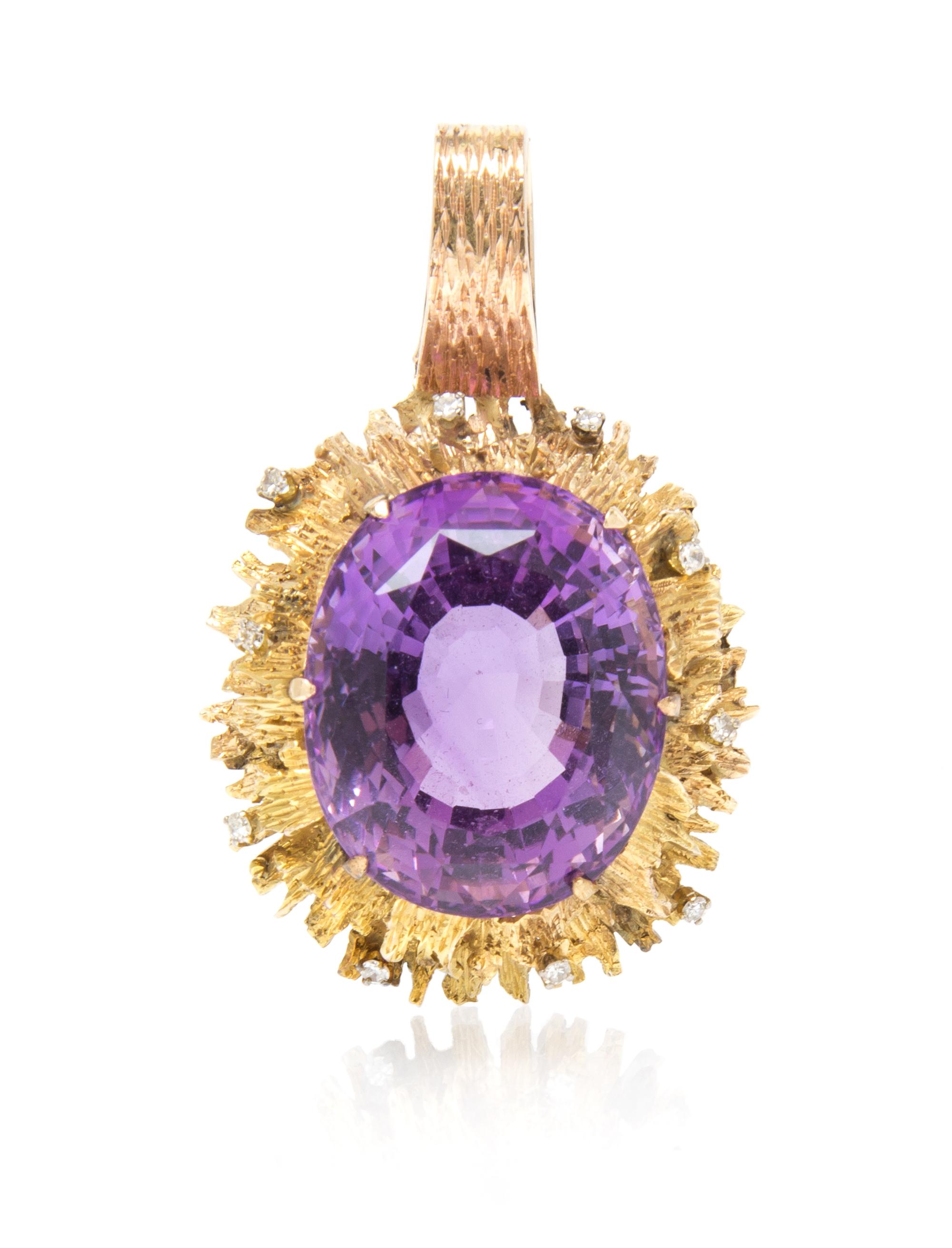 A 14 Karat Yellow Gold, Amethyst and Diamond Pendant, 19.70 dwts.