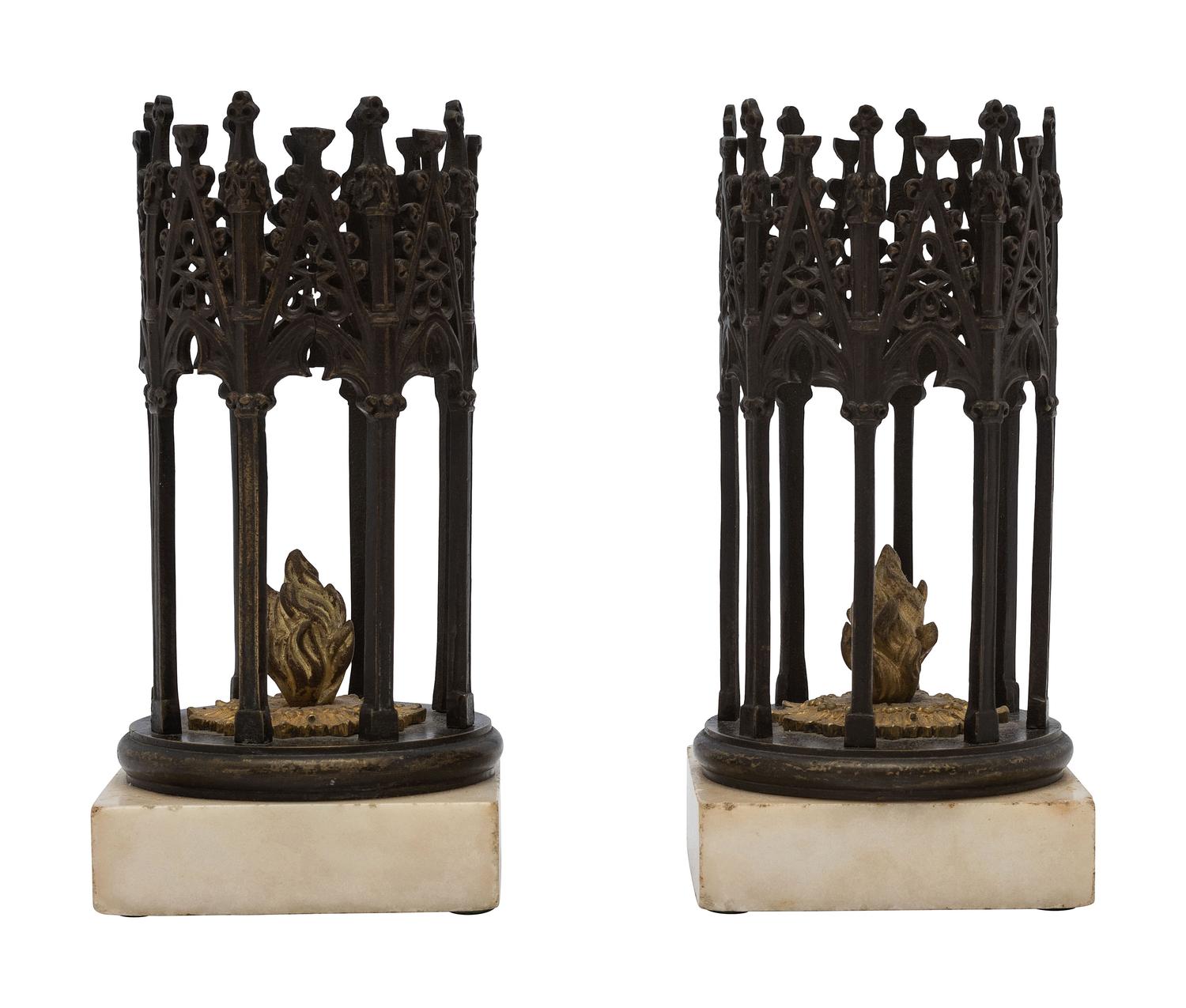 A Pair of English Gothic Revival Cast Iron and Marble Ornaments