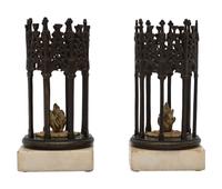 A Pair of English Gothic Revival Cast Iron and Marble Ornaments