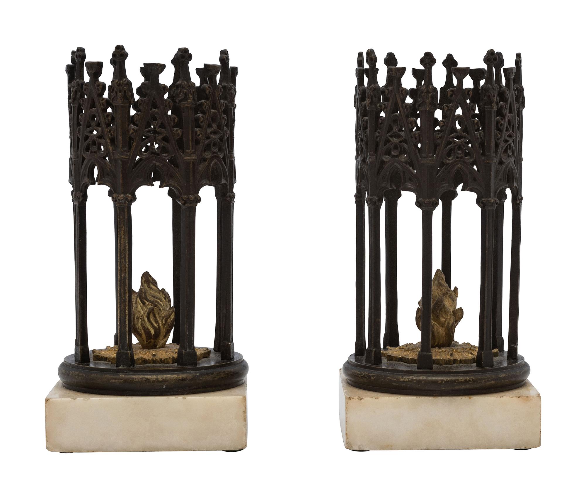 A Pair of English Gothic Revival Cast Iron and Marble Ornaments
