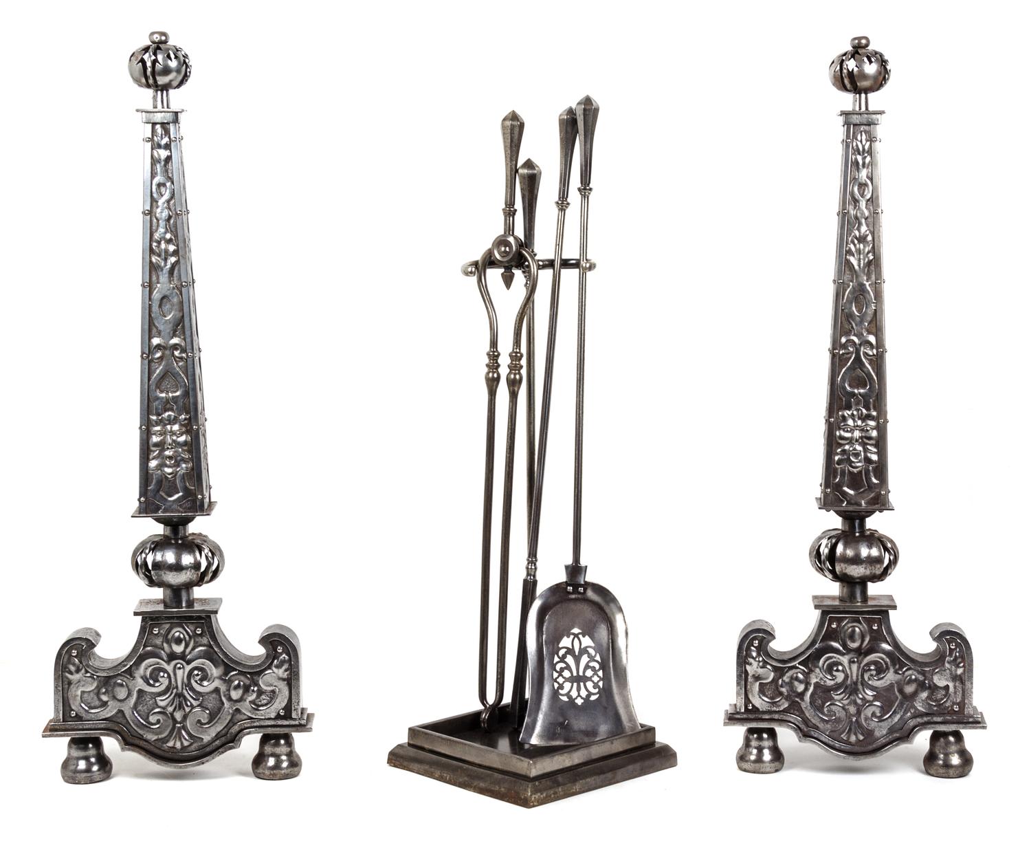 A Pair of Neoclassical Steel Andirons Height 33 1/2 inches. — 19TH/20TH CENTURY