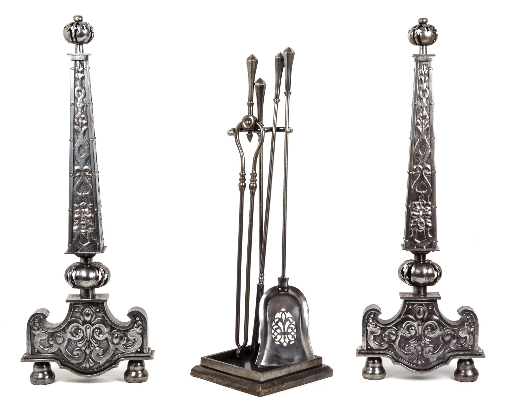 A Pair of Neoclassical Steel Andirons Height 33 1/2 inches. — 19TH/20TH CENTURY