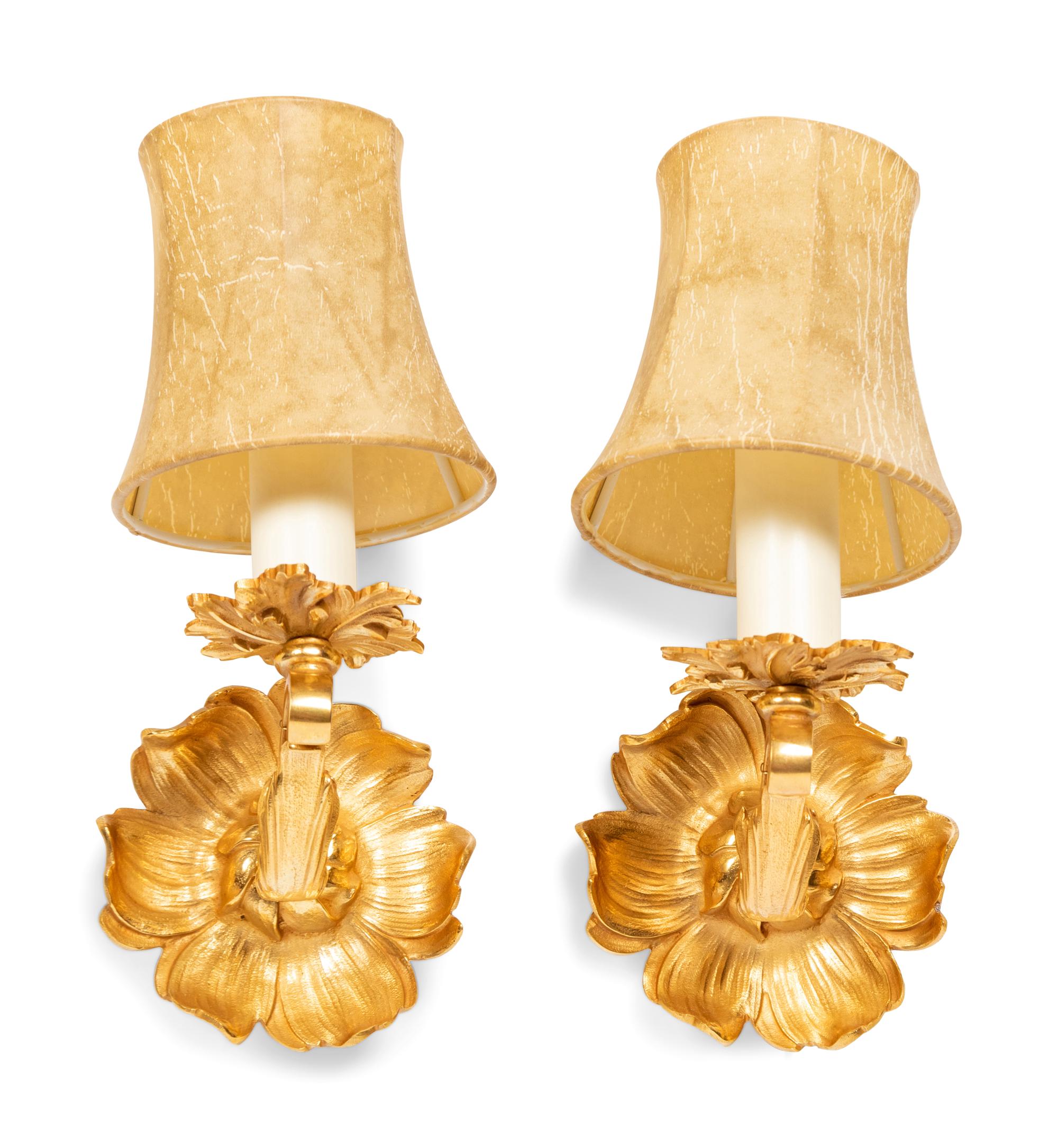 A Pair of Gilt Bronze Single-Light Sconces with Vinyl Shades