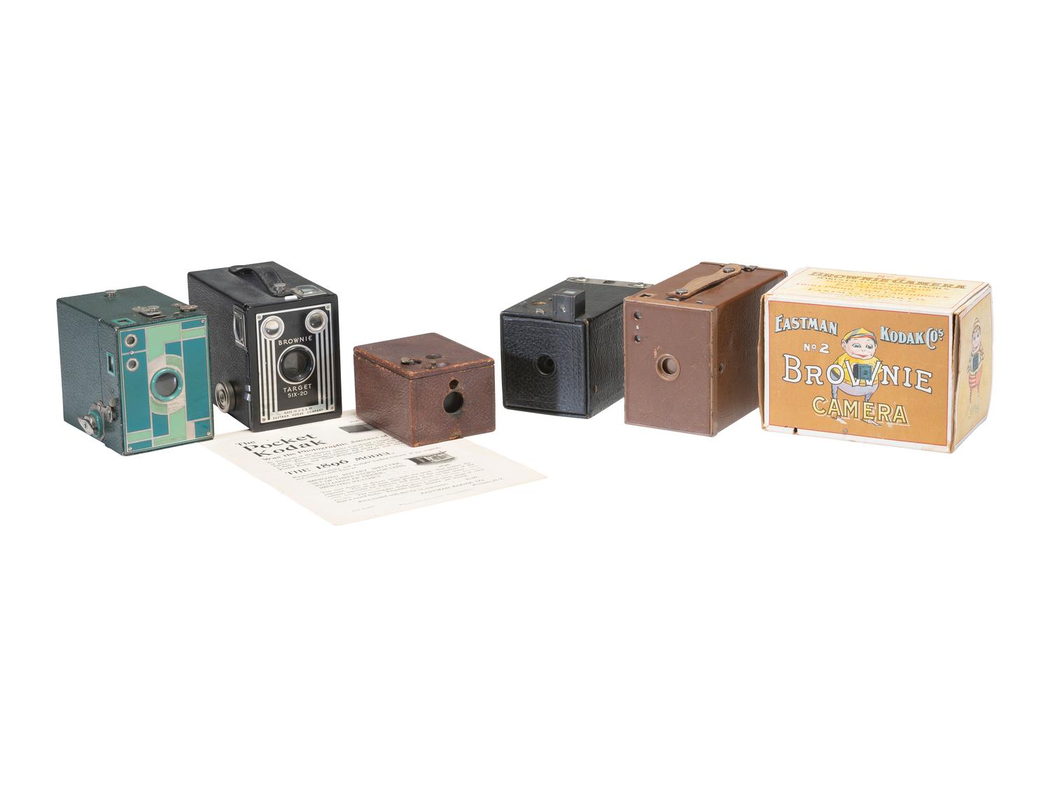 [CAMERAS]. A selection of Kodak cameras, incl. Brownie No. 2 and green Beau Brownie Art Deco camera.