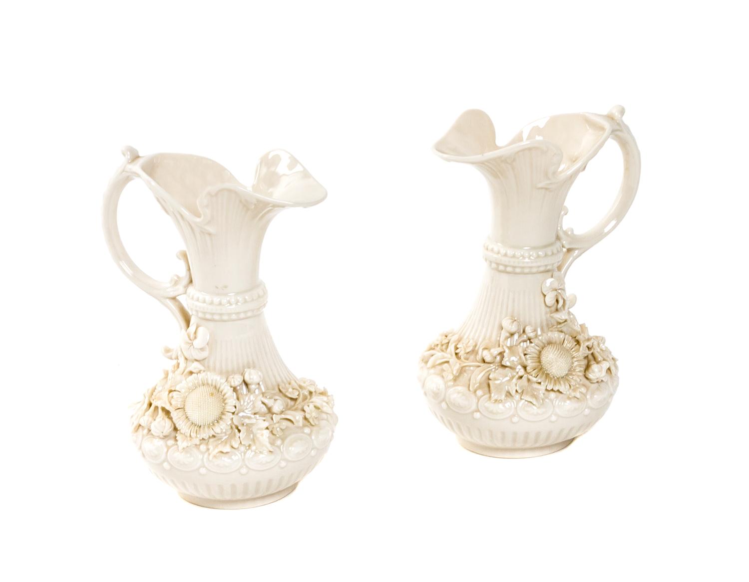 A Pair of Belleek Aberdeen Ewers, Height 7 1/8 inches.