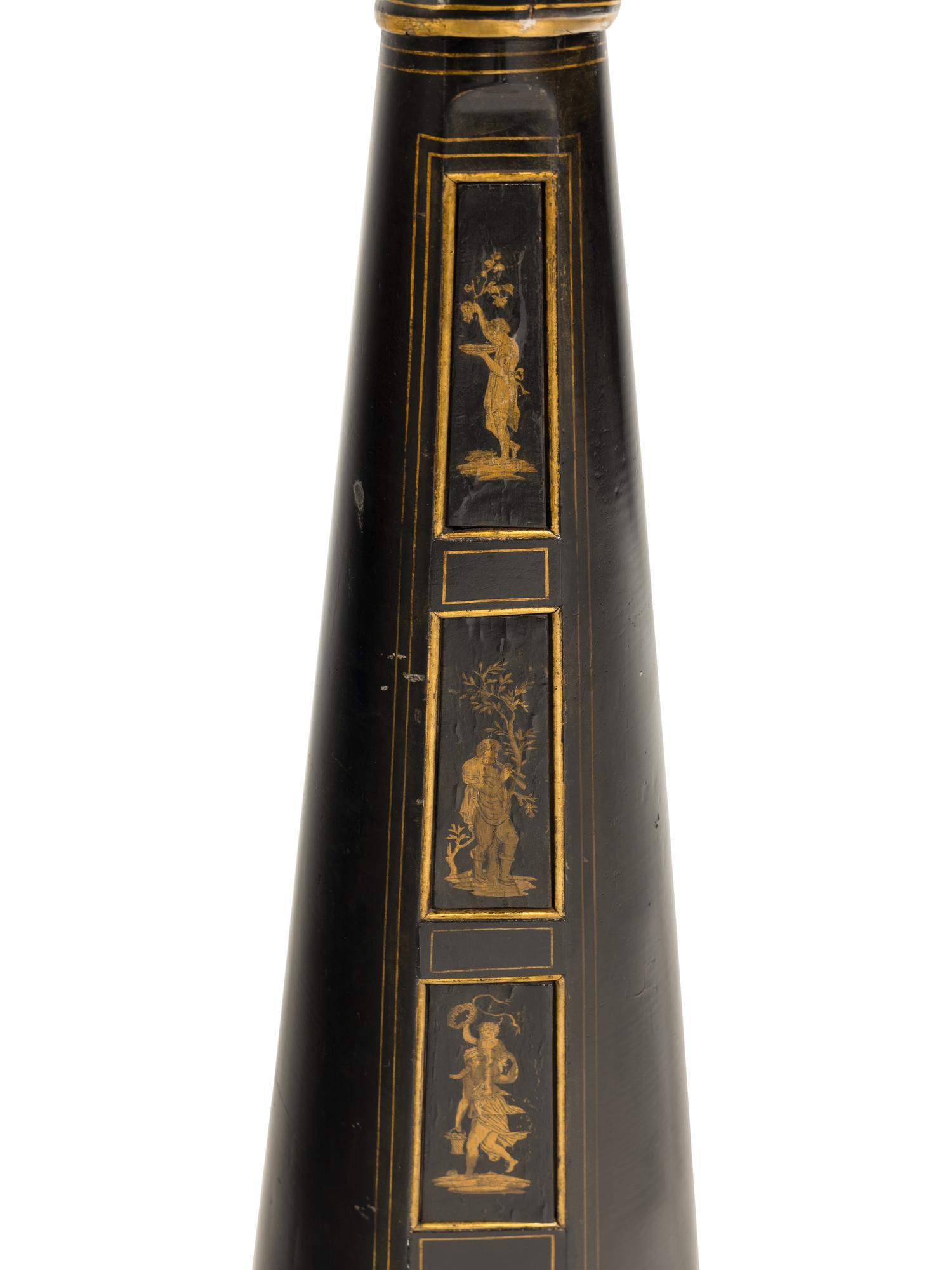 A Regency Brass Mounted, Stencil Decorated, Parcel Gilt and Ebonized Harp
