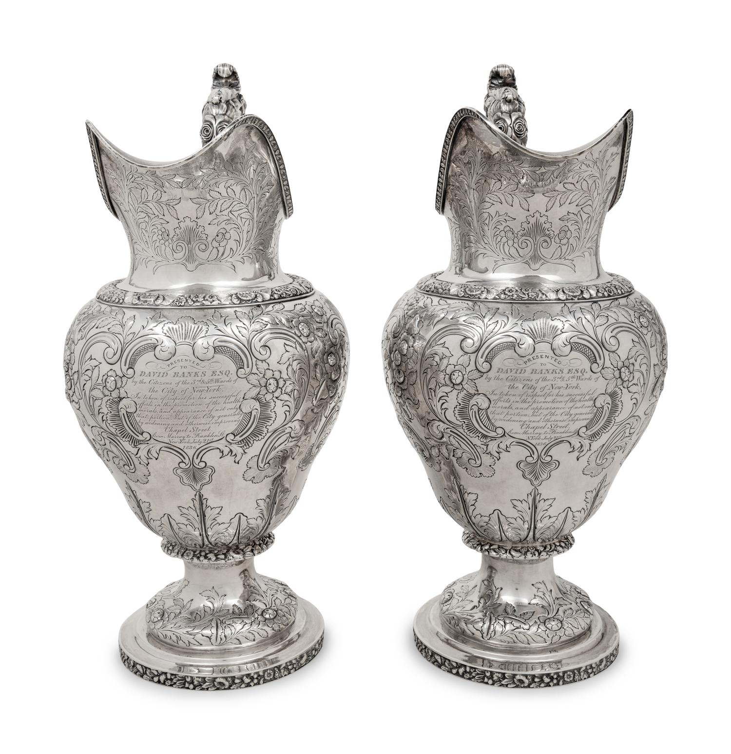 A Pair of American Coin Silver Presentation Ewers