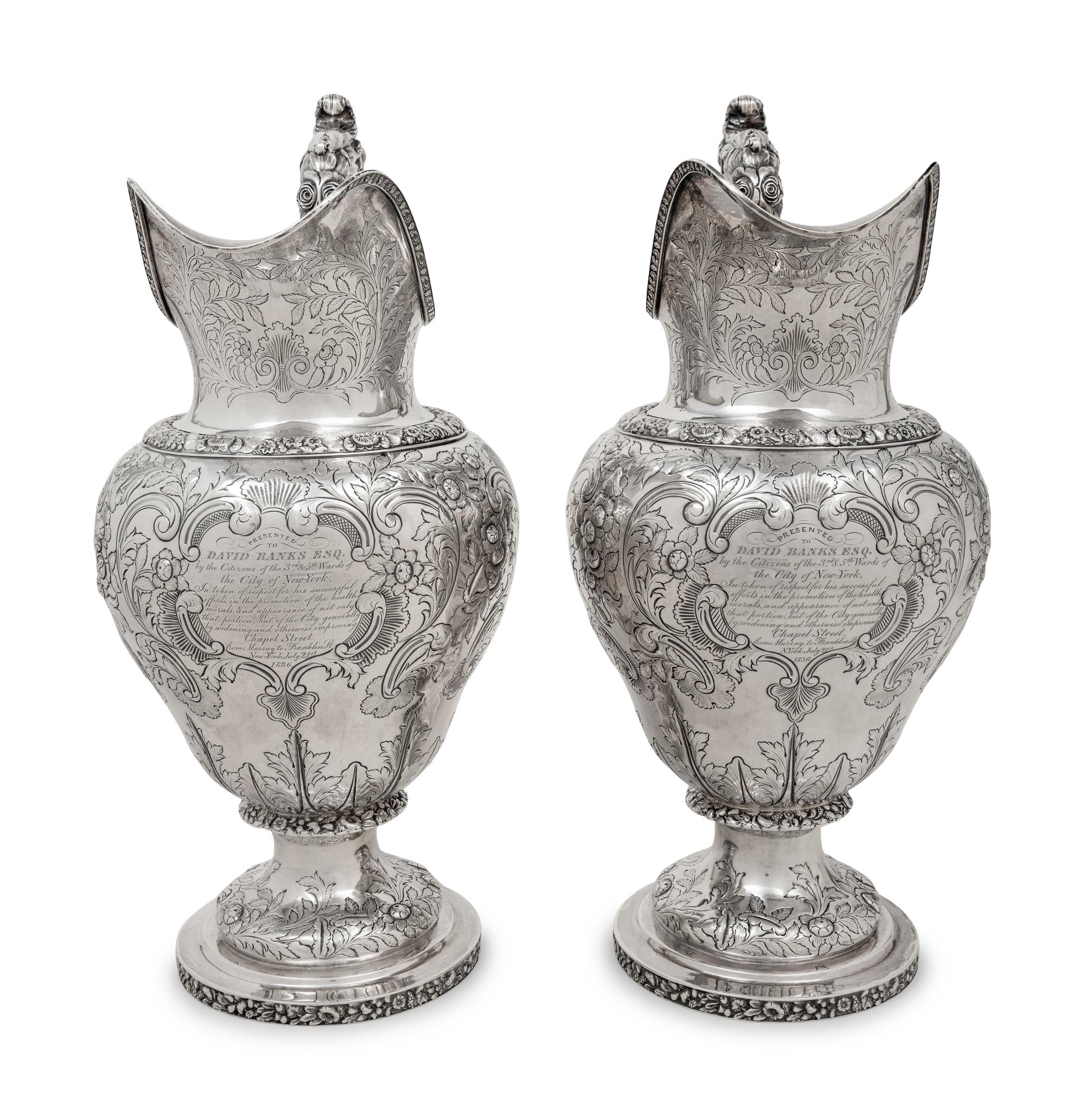A Pair of American Coin Silver Presentation Ewers