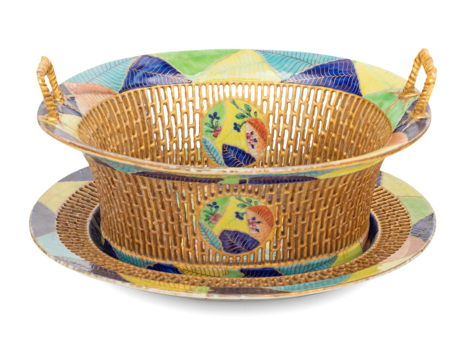 A Chinese Export Tobacco Leaf Reticulated Porcelain Basket and Underplate