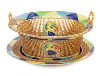 A Chinese Export Tobacco Leaf Reticulated Porcelain Basket and Underplate