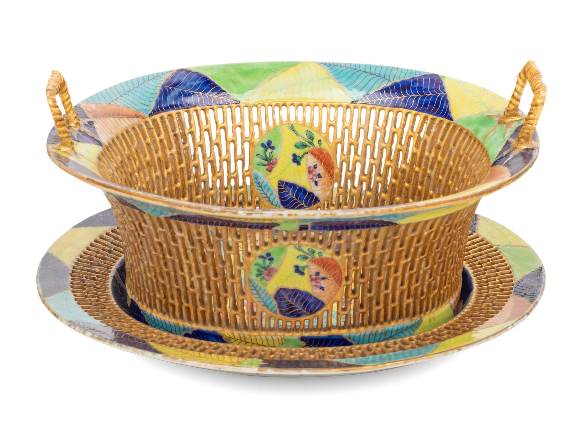 A Chinese Export Tobacco Leaf Reticulated Porcelain Basket and Underplate