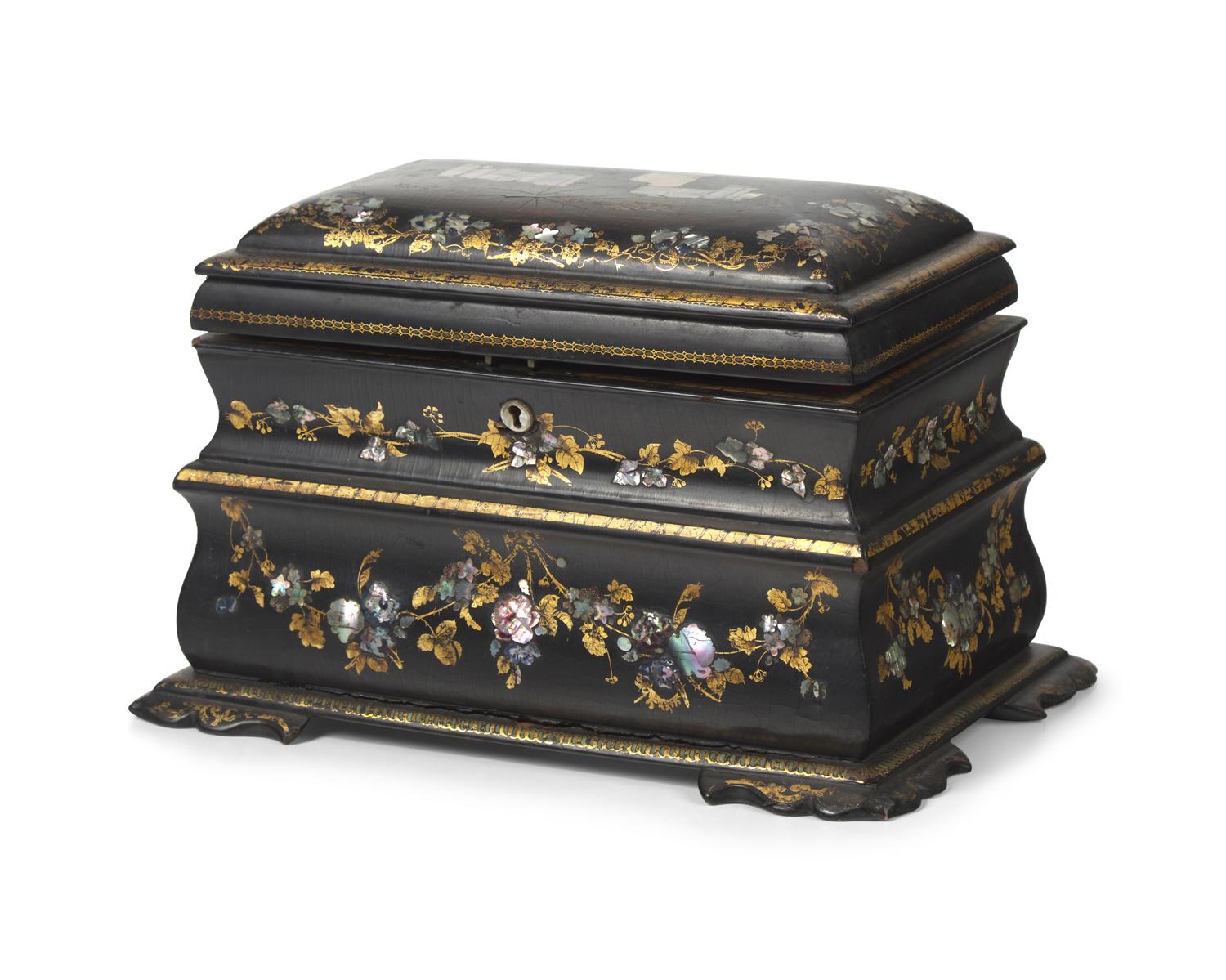 A Victorian Mother-of-Pearl Inlaid and Gilt-Decorated Black Lacquer Tea Caddy