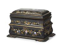 A Victorian Mother-of-Pearl Inlaid and Gilt-Decorated Black Lacquer Tea Caddy