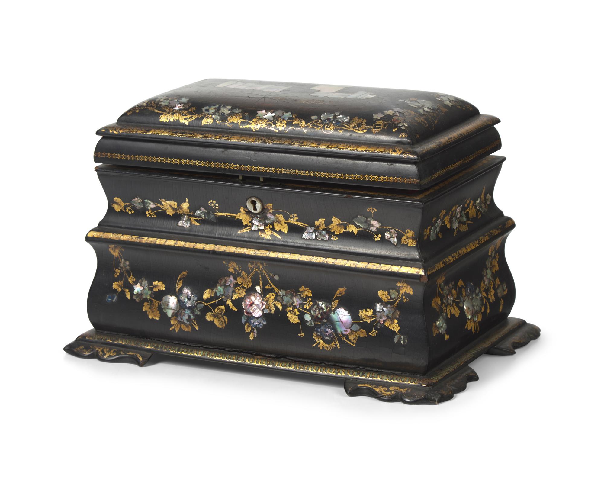 A Victorian Mother-of-Pearl Inlaid and Gilt-Decorated Black Lacquer Tea Caddy