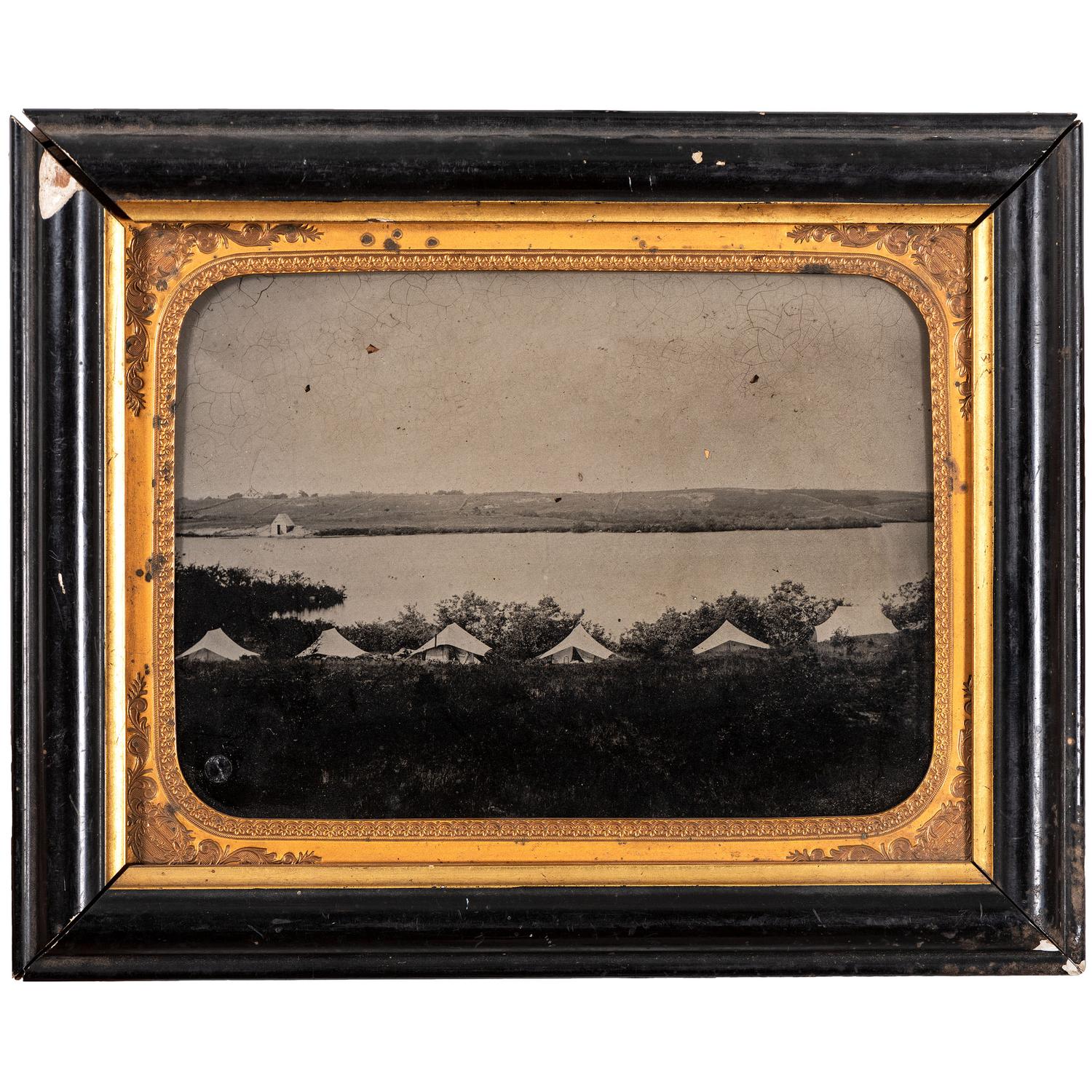 [EARLY PHOTOGRAPHY - OUTDOOR SCENE]. A full plate ambrotype depicting a shoreline campsite. N.p.: n.p., n.d.