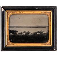 [EARLY PHOTOGRAPHY - OUTDOOR SCENE]. A full plate ambrotype depicting a shoreline campsite. N.p.: n.p., n.d.