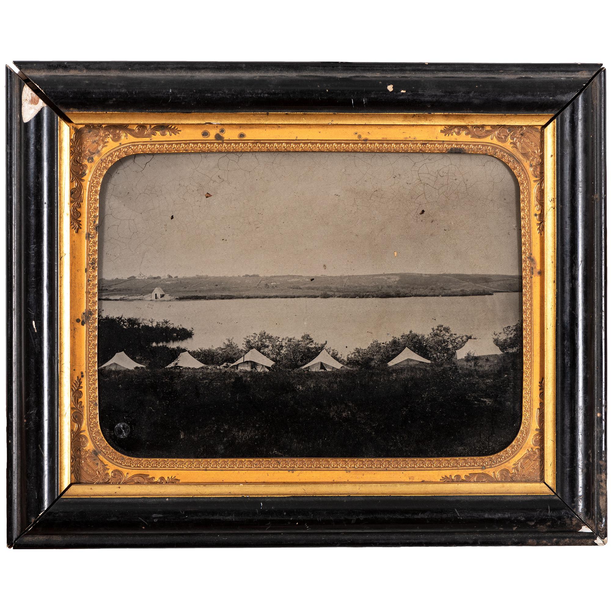 [EARLY PHOTOGRAPHY - OUTDOOR SCENE]. A full plate ambrotype depicting a shoreline campsite. N.p.: n.p., n.d.