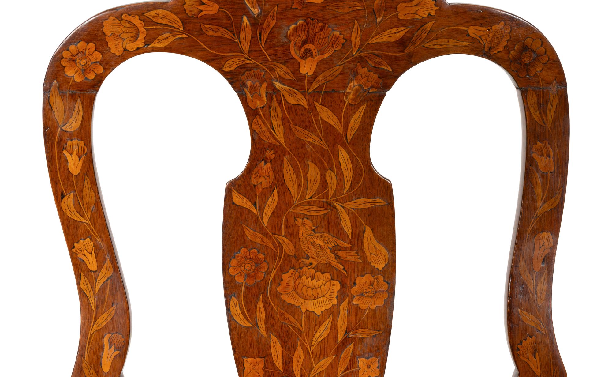 A Pair of Dutch Mahogany and Boxwood Marquetry Side Chairs