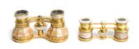 Two Pairs of French Mother-of-Pearl Mounted Opera Glasses, Width of first 3 7/8 inches.