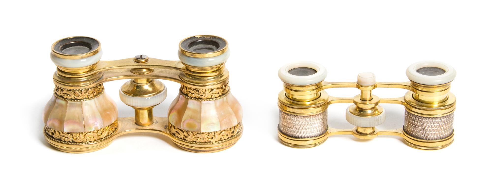 Two Pairs of French Mother-of-Pearl Mounted Opera Glasses, Width of first 3 7/8 inches.
