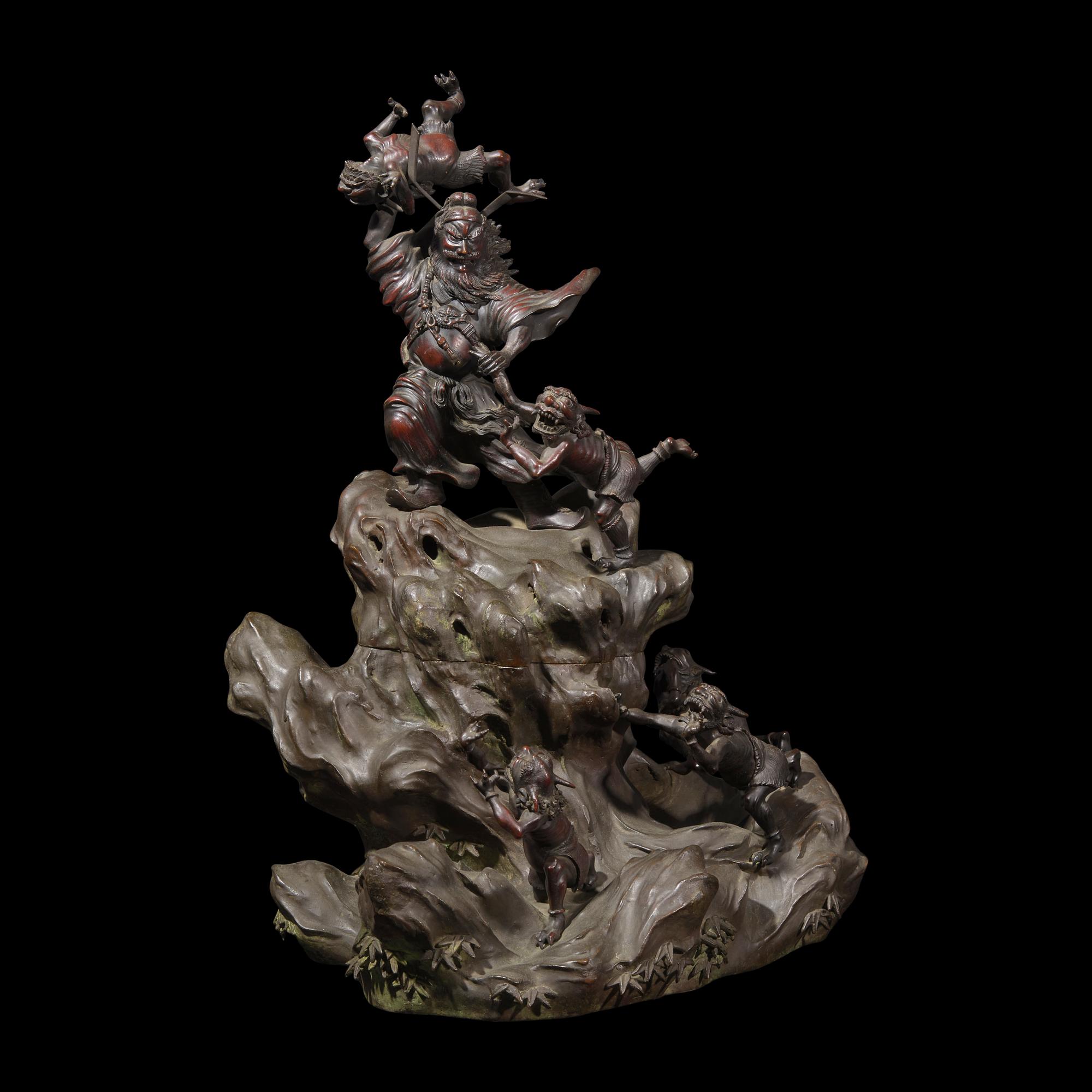 A Japanese Patinated Bronze and Metal S hoki and Oni Figural Koro, Meiji Period 日本明治時代 銅雕鍾馗捉鬼