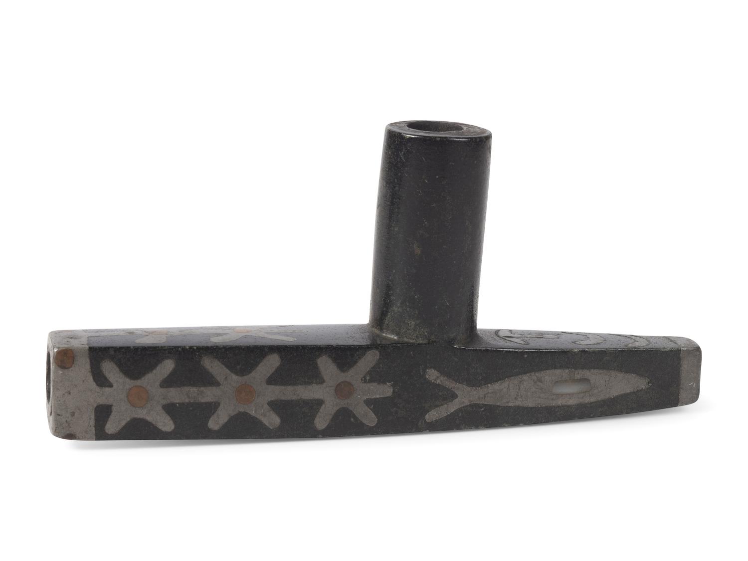 Great Lakes Steatite Pipe Bowl, with Catlinite and Lead Inlay
