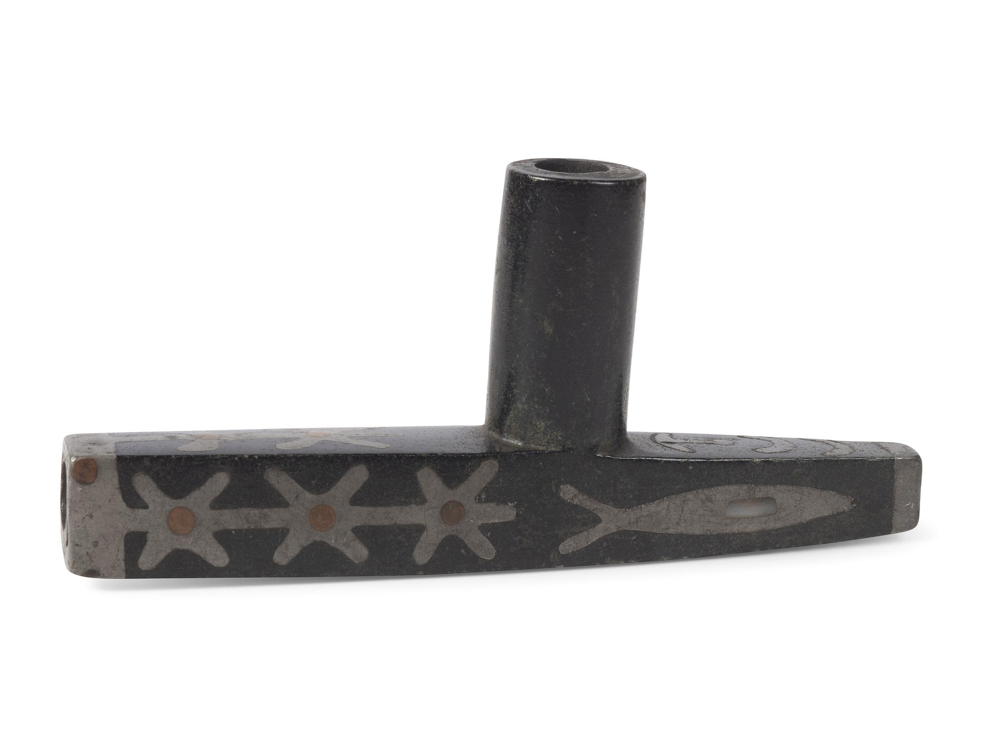 Great Lakes Steatite Pipe Bowl, with Catlinite and Lead Inlay