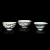 Three Chinese Famille Rose Porcelain 'Landscape' Bowls, Late 19th-Early 20th Century — 晚清-民國 粉彩山水圖碗三件