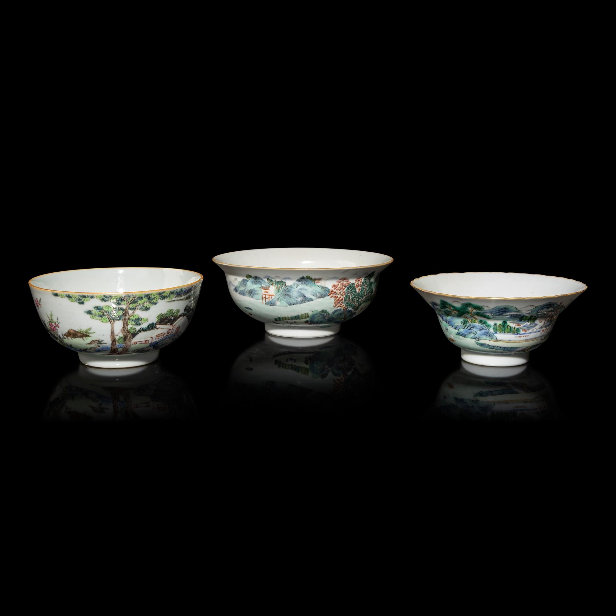 Three Chinese Famille Rose Porcelain 'Landscape' Bowls, Late 19th-Early 20th Century — 晚清-民國 粉彩山水圖碗三件