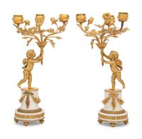 A Pair of Louis XV Style Gilt Bronze and Marble Three-Light Candelabra