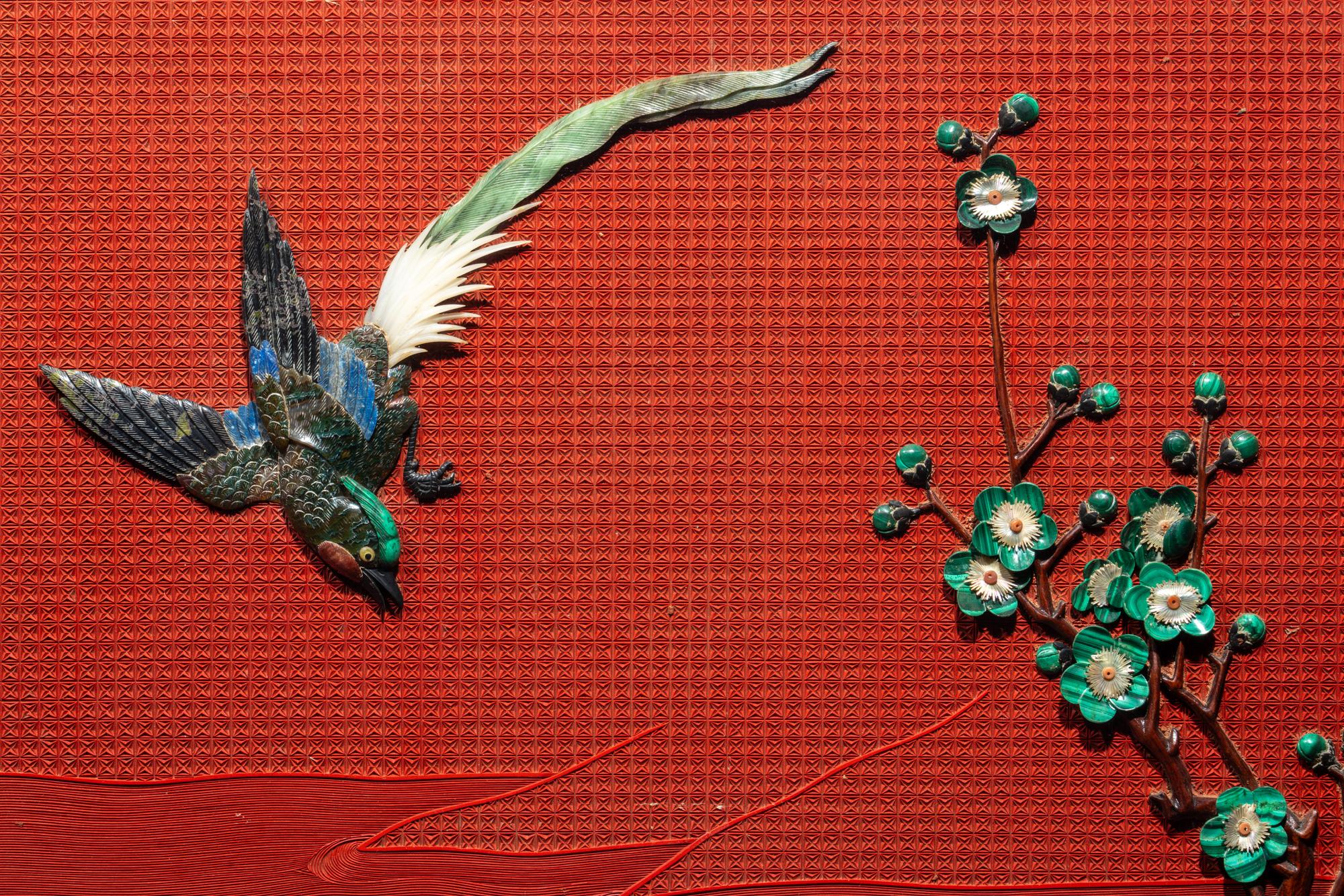 A Pair of Chinese Cinnabar Lacquered Ground Hardstone Inlaid Hanging Screens
