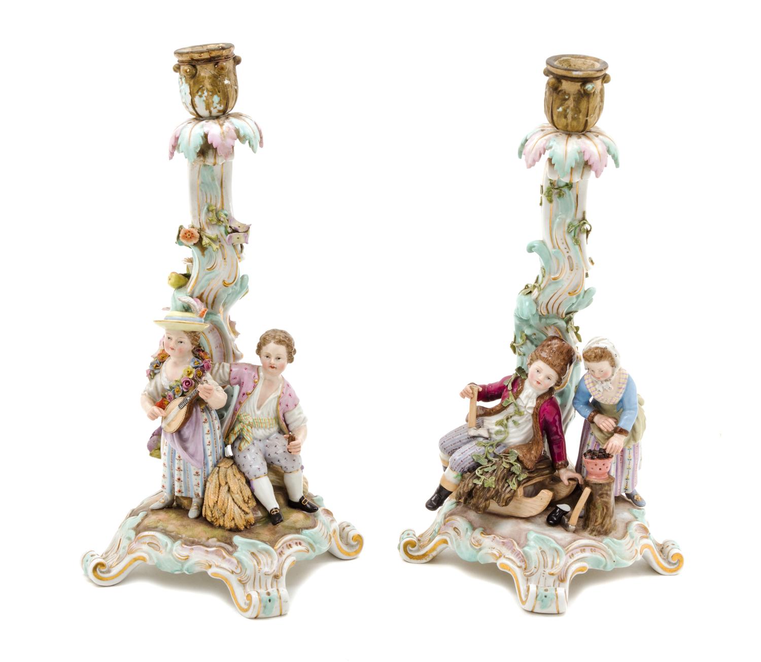 A Pair of Meissen Porcelain Figural Candlesticks Height 12 3/4 inches. — 19TH/20TH CENTURY