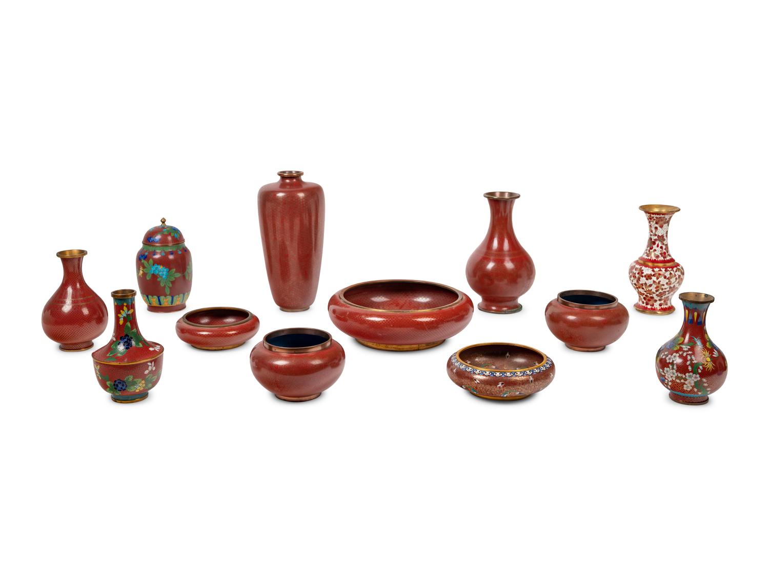 12 Japanese Red Ground Cloisonné Enameled Vessels