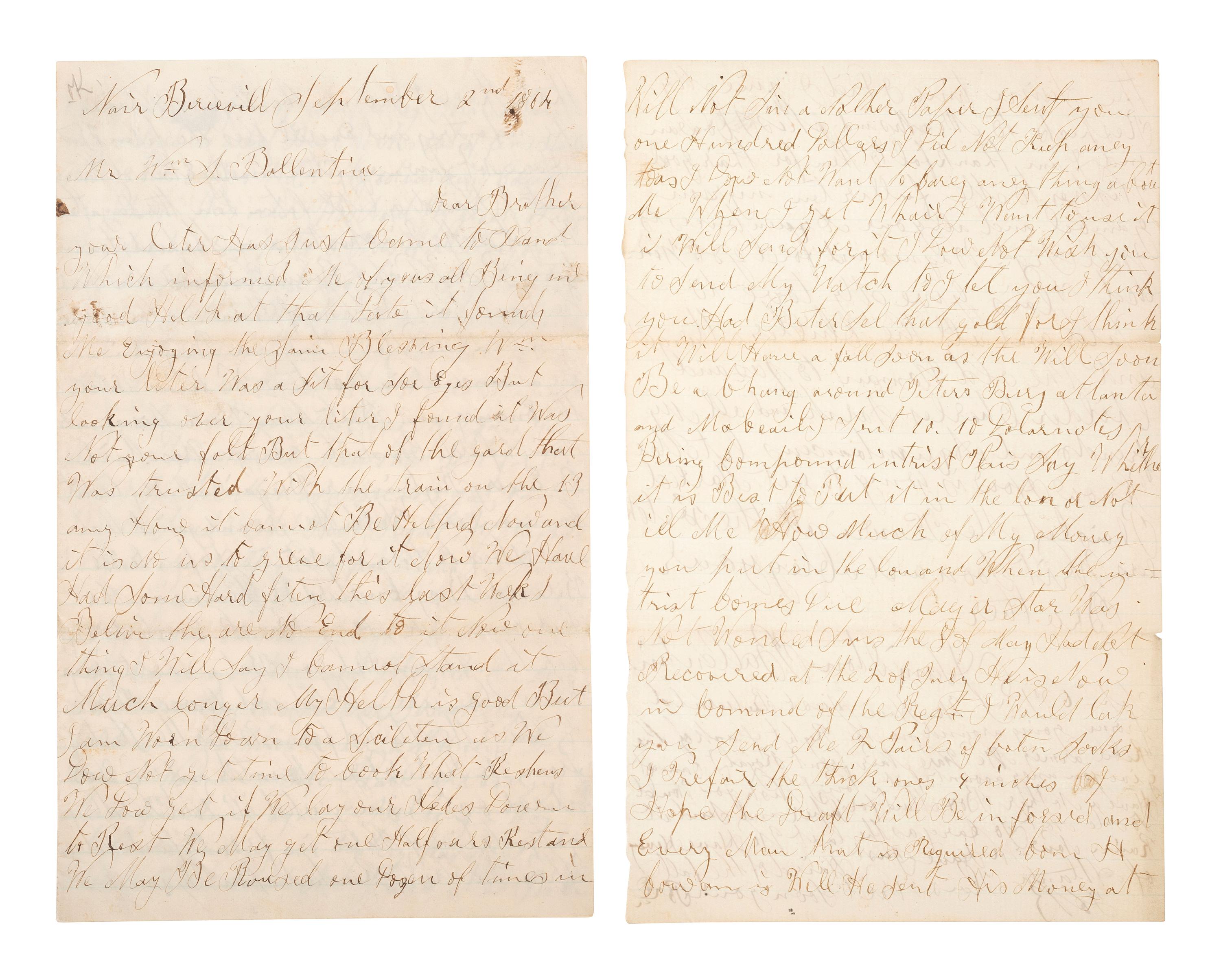 [CIVIL WAR]. Manuscript archive of Sergeant Hamilton Ballentine (1833-1920), Co. K, 6th Pennsylvania Cavalry, "Rush's Lancers," featuring battle content from key engagements and descriptions of "Sheridan's Raiders."