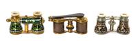 Three Pairs of French Enameled Opera Glasses, Width of first 3 7/8 inches.